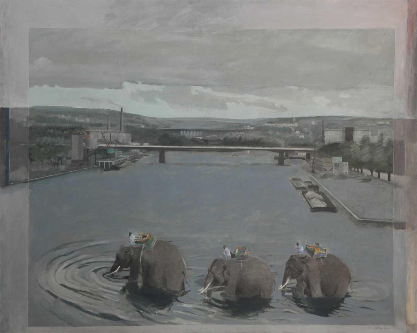 Les éléphants traversent la Seine, 1974, huile sur toile, 162x130cm